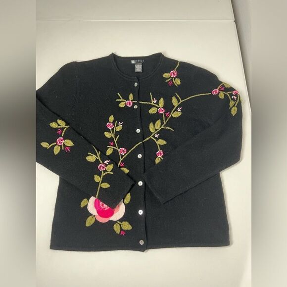 Vintage Rabbit Hair Wool Blend Rose Embroidered Cardigan Sweater Size L - Picture 5 of 11